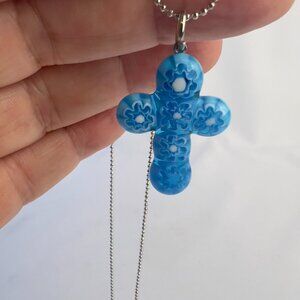 New, Murano Glass Cross Religious Pendant on Silver Chain Necklace 18” Blue